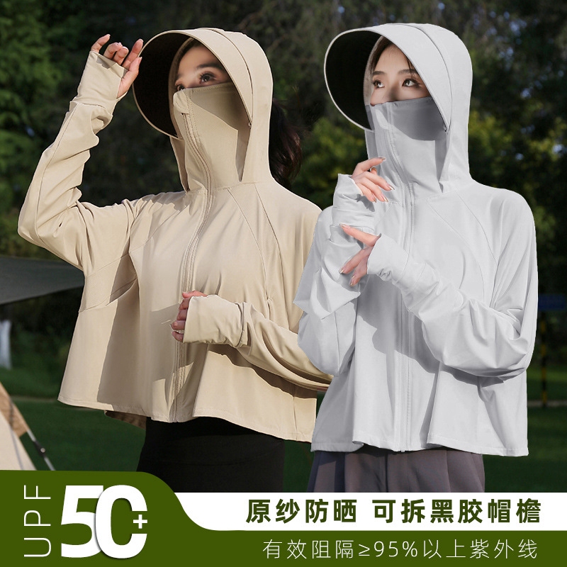 Sun Protection Clothing for Women in Summer, Ice Silk Uv Protection Jacket, Face-Covering Sun Protection Clothing, Detachable Brim, Black Rubber, Quick-Drying