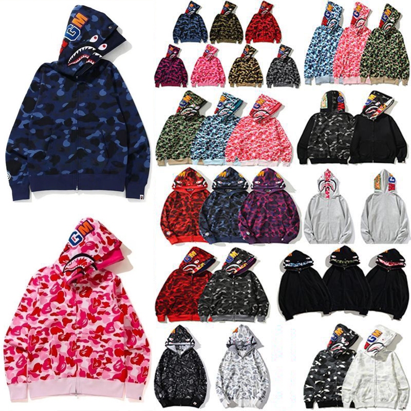 Trendy Brand Ape Hooded Sweatshirt with Double Hood and Zipper, Winter High-End Version Shark Ape Shark Camouflage Zip-Up Jacket for Parent-Child Matching