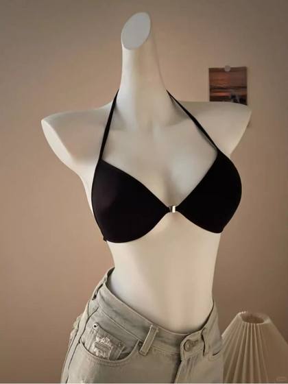 前扣内衣女无钢圈小胸聚拢法式三角杯性感美背薄款挂脖无痕文胸