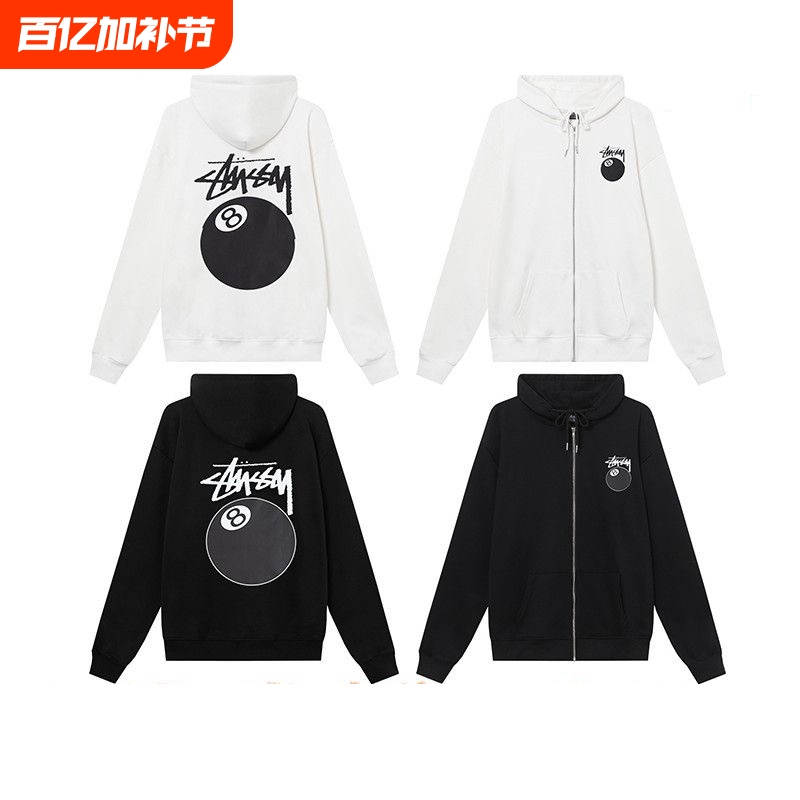 Stussy Zip-Up Hoodie Jacket with Black Eight Dice Collaboration, Heavyweight Fleece Winter Hooded Cardigan in White