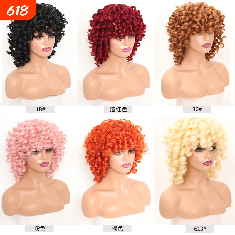 Synthetic Fiber Wigs, Popular Foreign Trade Items, European and American Style Wigs, Short Curly Wigs with Bangs, Full Head Wigs, Best-Selling in Nigeria