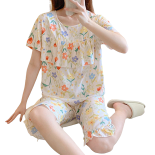 防凸点甜美睡衣女夏超薄棉绸夏天短袖中裤荷叶边套装家居服人造棉