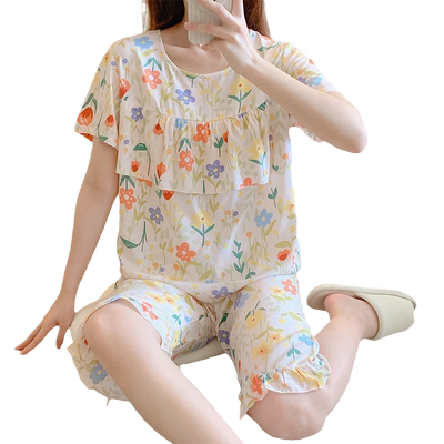 防凸点甜美睡衣女夏超薄棉绸夏天短袖中裤荷叶边套装家居服人造棉