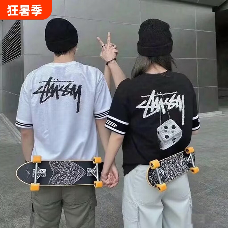Sports Fashion Brand Stu Short-Sleeved T-Shirt Export Loose Heavyweight Pure Cotton 260g Stussy Top for Men and Women in Black and White