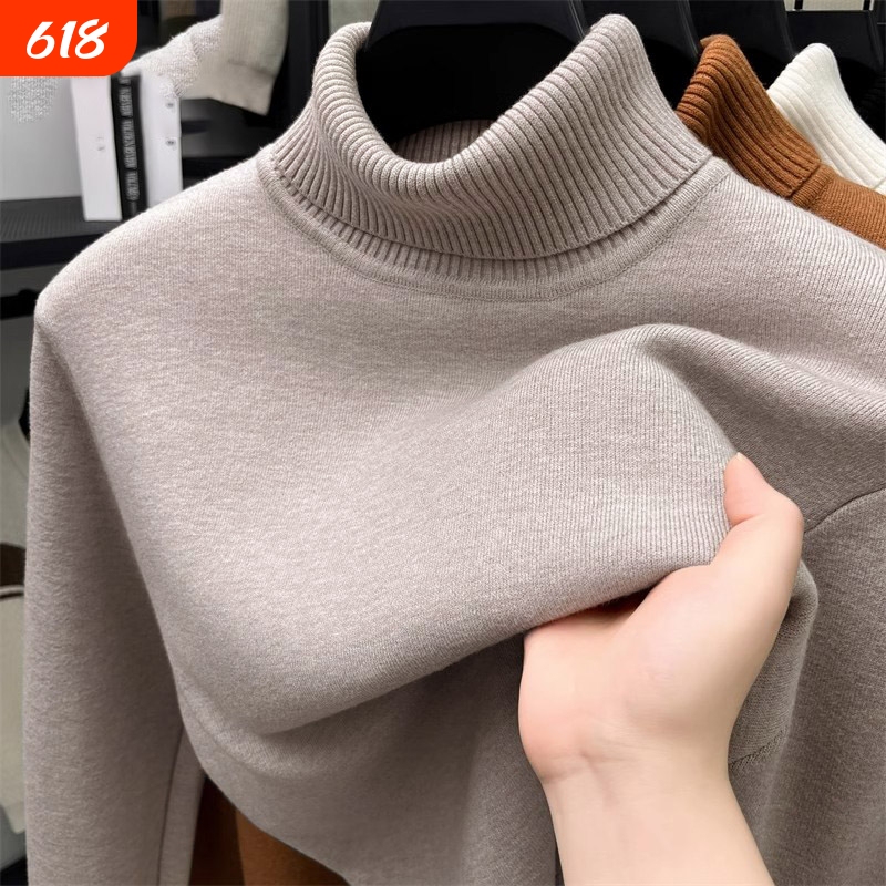 Fleece-Lined Turtleneck Sweater for Men, Autumn and Winter Thickened Base Layer Thermal Knitwear, White