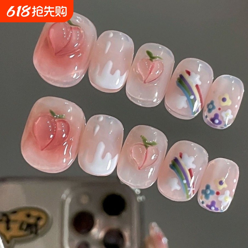 Handmade Wearable Nail Stickers, Short Rainbow Peach Nail Stickers, Removable Nail Art for Little Girls, Wholesale