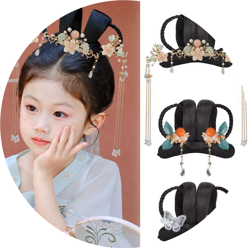 儿童汉服假发古装女童舞台演出套装软发髻古风头饰盘发垫发包造型