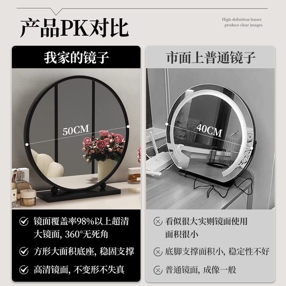 轻奢化妆镜圆形智能梳妆镜卧室台式桌面高级简约铁艺梳妆台大镜子