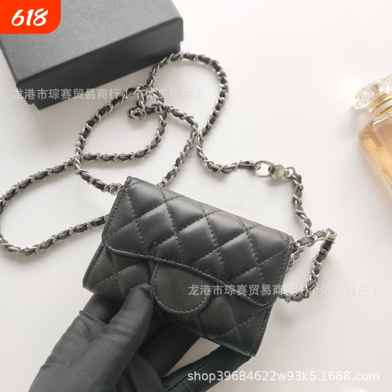 New Genuine Leather Caviar Card Holder with Sheepskin Pattern, Women's Coin Purse, Mini Bag with Chain, Decorative Waist Bag, Classic Chain