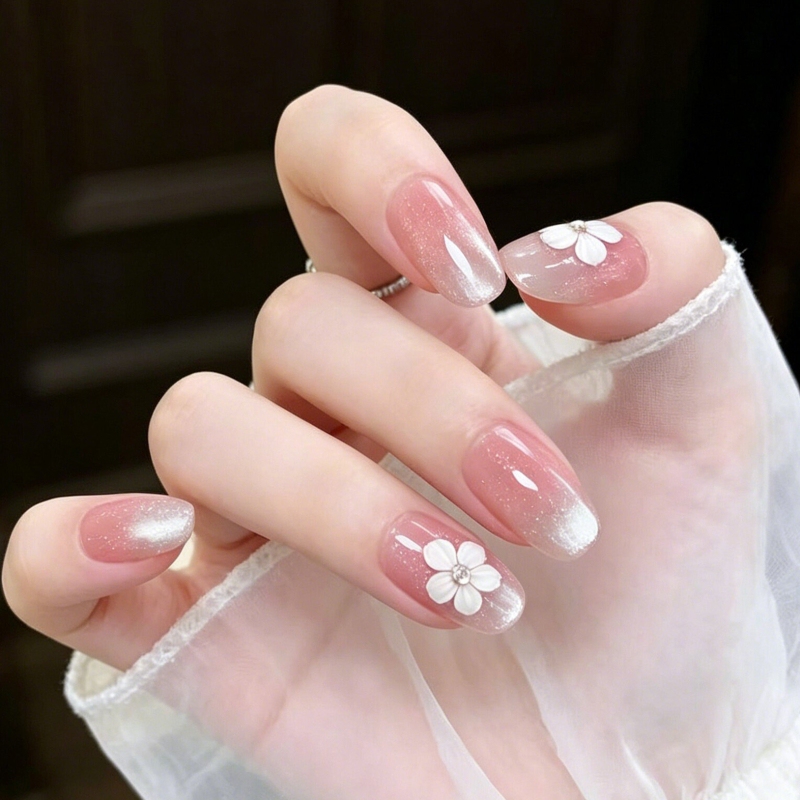 Cat-Eye Nail Art Wearable Nails Short Style 2026 New Model High-End White Flower Nail Stickers French Style Bean Star Design Cat-Eye Nail Art Wearable Nails Short Style 2026 New Model High-End White Flower Nail Stickers French Style Bean Star Design