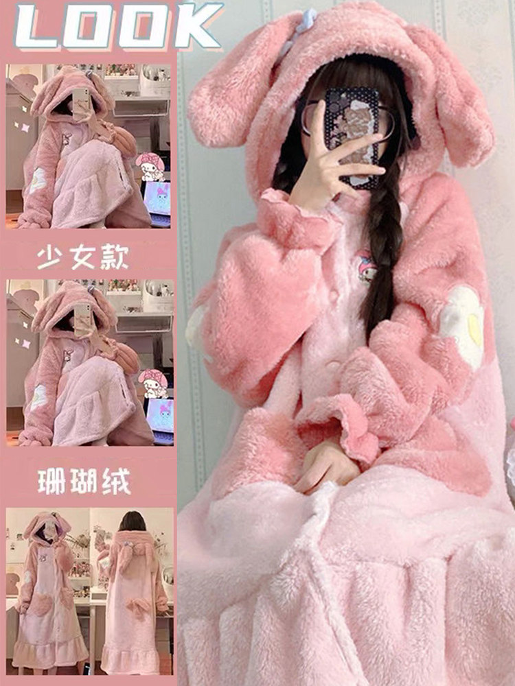 2024 NEW AUTUMN WINTER THICKENED FLEECE CORAL VELVET PAJAMAS WINTER WOMENS WINTER NIGHTGOWN WOMENS AUTUMN WOMENS WINTER