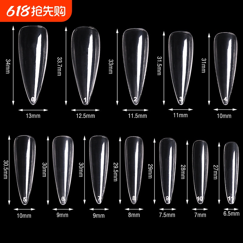 Cross-Border Hot-Selling Almond-Shaped Long Water-Drop False Nails, Pointed Nail Tips, Full-Cover Transparent Seamless Nail Stickers