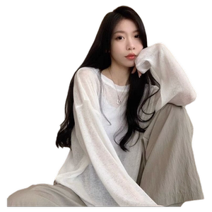 WUAKFULER麻冰丝防晒长袖T恤女夏季新款韩版宽松薄罩衫