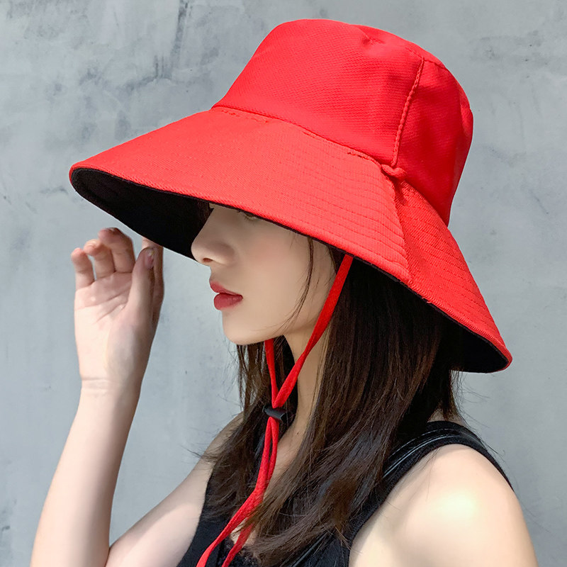 Red + Black (Double Sided)summer Fisherman hat female veil Korean version Sunscreen ultraviolet rays sunshade Hat Big edge tide Versatile solar system ma'am fashion