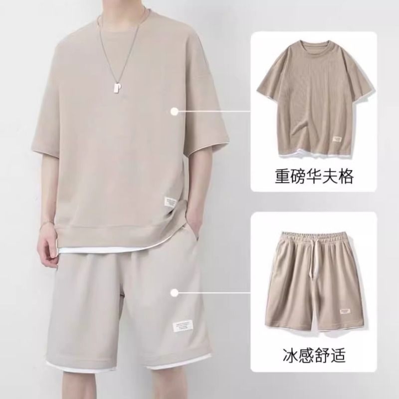<!--华夫格休闲套装男士夏季青少年男装运动短袖短裤搭配一套t恤重磅-->