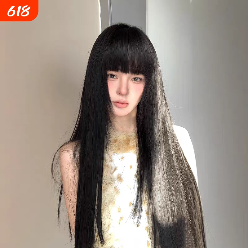 Wig for Women with Long Hair 80cm Black Super Long Straight Hair Lolita Style with Natural Bangs Imitation of Real Hair Jk Full Head Wig Style