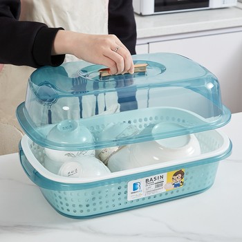 Storage box for kitchen household with cover dormitory dish storage rack plastic cupboard box bowl rack can drain