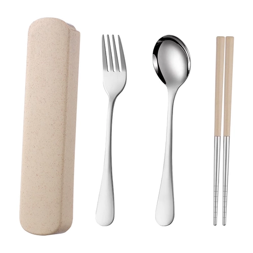 Портативная посуда из нержавеющей стали, палочки для еды, ложка, комплект для школьников, коробка для хранения для путешествий, 3 предмета