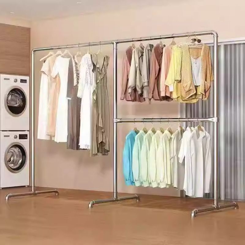 Simple Thickened Galvanized Steel Pipe Clothing Display Rack, Balcony Bedroom Floor-Standing Clothes Rack, Detachable Single-Rod Clothes Drying Rack