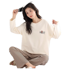 猫人长袖睡衣女款2023新款春秋季纯棉学生少女全棉家居服套装条纹
