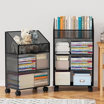 Wheeled bookcase next to the desk with cart shelves