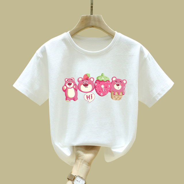 ເດັກຍິງ Summer Clothing 2024 New Strawberry Bear Big Children's Clothes Children's Summer T-shirt Girls Pure Cotton Short Sleeve T-Shirt Round Neck