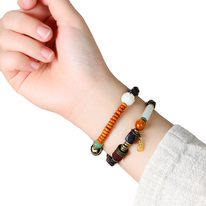 复古黑檀方块双圈手链混搭铜珠绿檀木六字真言个性手串文艺民族风