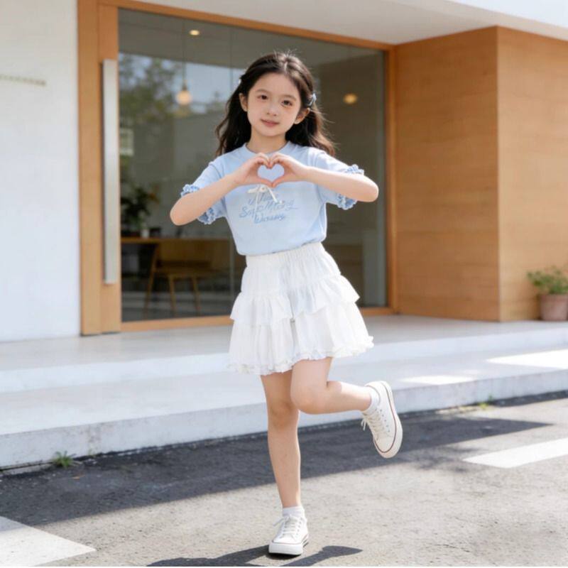 2026 new summer Korean style girls pure cotton short-sleeved T-shirt set baby tops and pants and skirts two-piece set thin section