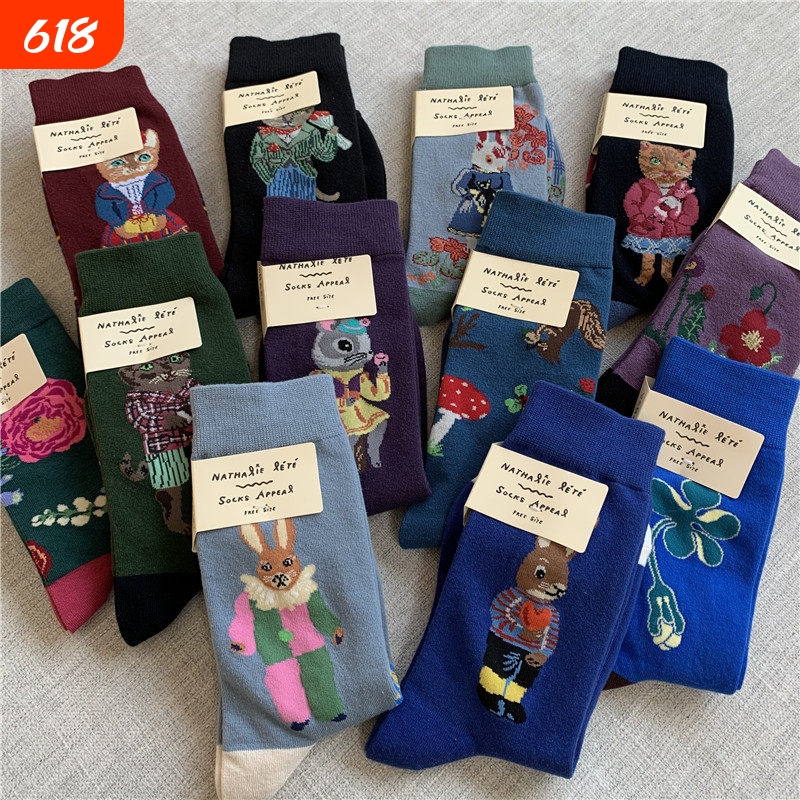 Original Packaging Korean Socksappeal Retro Cartoon Pure Cotton Women's Ins Mid-Tube French Style Niche Trendy Socks