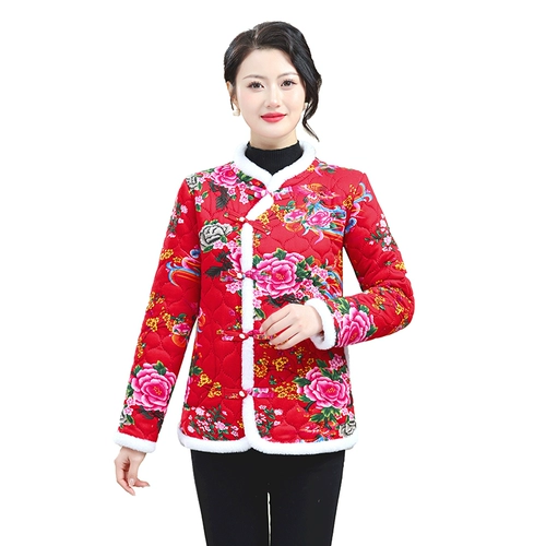 Куртка на хлопковой подкладке с большим цветком, осень и зима 2024, плюс хлопковые хлопковые женские толстые топы в новом стиле с маленькими цветами в северо-восточном стиле