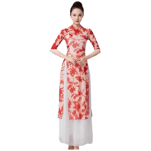 古典舞中国民族风长款走秀广场舞蹈服旗袍长裙修身表演出服女纱衣