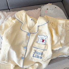 Пижама 云朵棉睡衣女夏季开衫短袖短裤居家服套装薄款格子棉纱家居服波点