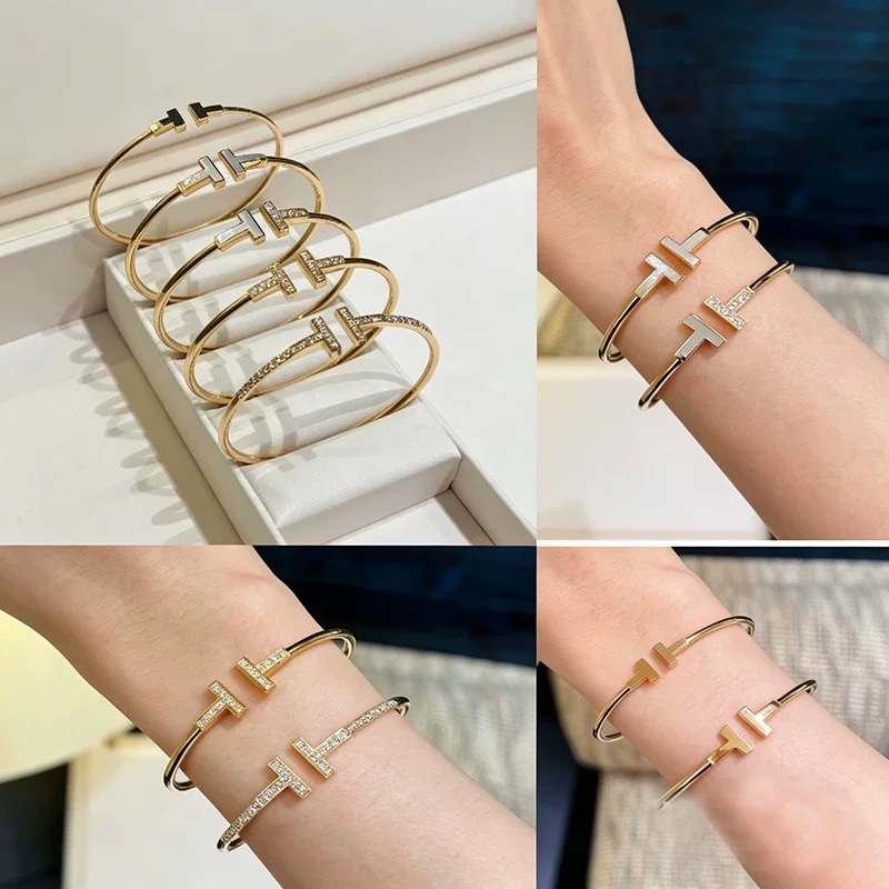 Double t Open Bracelet, Classic 18K Rose Gold, Full Diamond, White Mother-Of-Pearl T-Shaped Bracelet, Niche Luxury High-End Jewelry Double t Open Bracelet, Classic 18K Rose Gold, Full Diamond, White Mother-Of-Pearl T-Shaped Bracelet, Niche Luxury High-End Jewelry