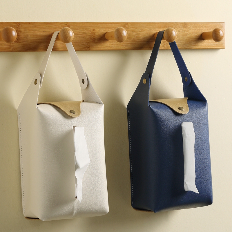Car-Mounted Tissue Box, Leather Luxury Car Hanging Type, Multifunctional Tissue Holder for Car Interior, Household Leather Tissue Bag