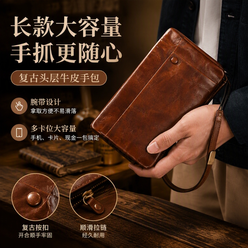 Italian Wristlet Clutch Bag Made of Top-Grain Leather with Multiple Card Slots, Genuine Leather Clutch Bag for Men and Women, Large Capacity Long Wallet, Phone Pouch