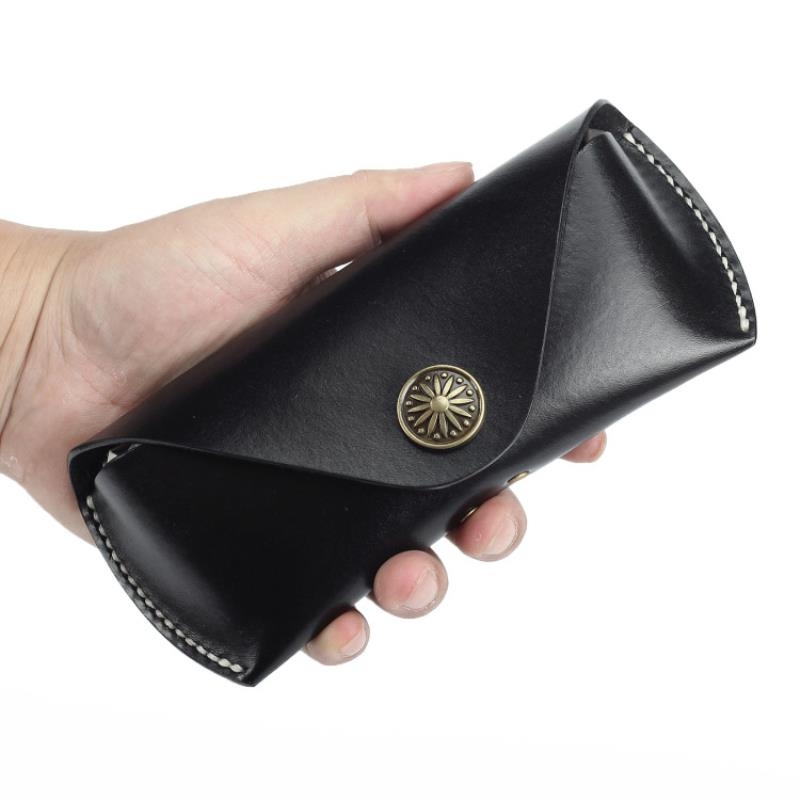 Original Handmade First-Layer Vegetable-Tanned Leather Pure Cowhide Lightweight Portable Glasses Case Japanese Retro Genuine Leather Cover for Men and Women Sunglasses Pouch