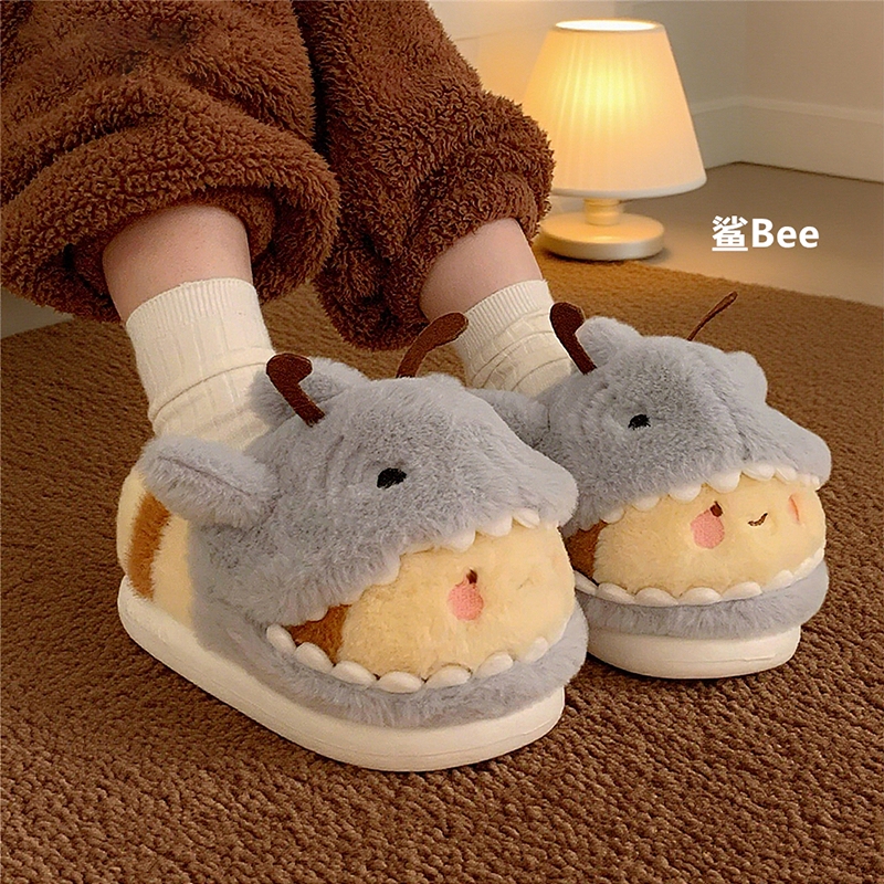 Shark Bee Cotton Slippers for Men and Women, Cute Shark Bee Couple Style, Closed-Back Furry Shoes, Winter Warm and Comfortable Design