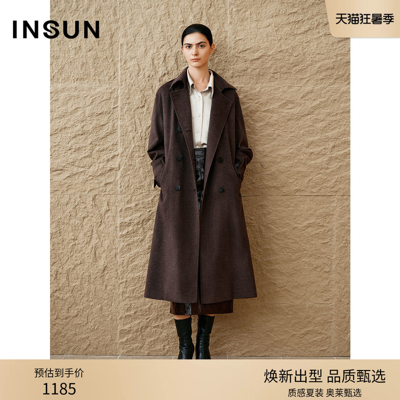 Insun Enshang Winter Vintage Mulberry Silk Camel Wool Long Trench Coat