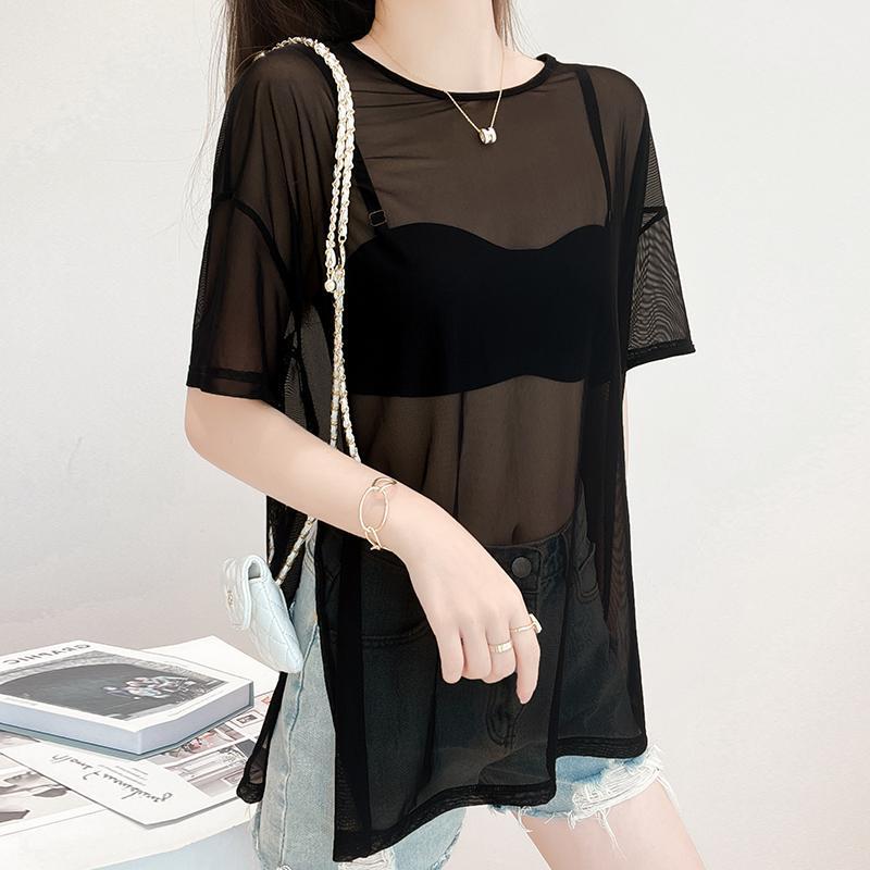 Plus Size 150kg Black Mesh Short-Sleeved T-Shirt for Women, Summer Mid-Length Outerwear, Sun Protection Cover-Up, See-Through Hollow Top