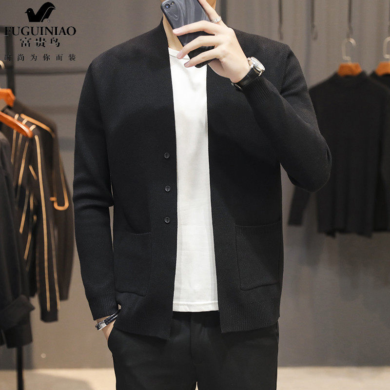 Rich bird spring and autumn new men's knitted cardigan Korean version of fashion simple outer wear sweater jacket men's trend top