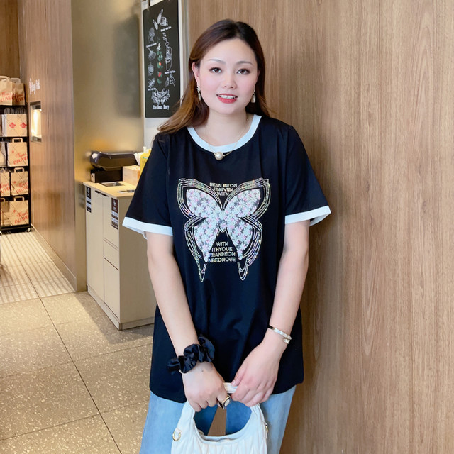 Tianmi ເຄື່ອງນຸ່ງຜູ້ຍິງຂະຫນາດໃຫຍ່ພິເສດ 2023 Summer Clothes Fat mm 320 Jin Fashionable Western Style Butterfly Perm Loose T-shirt DF