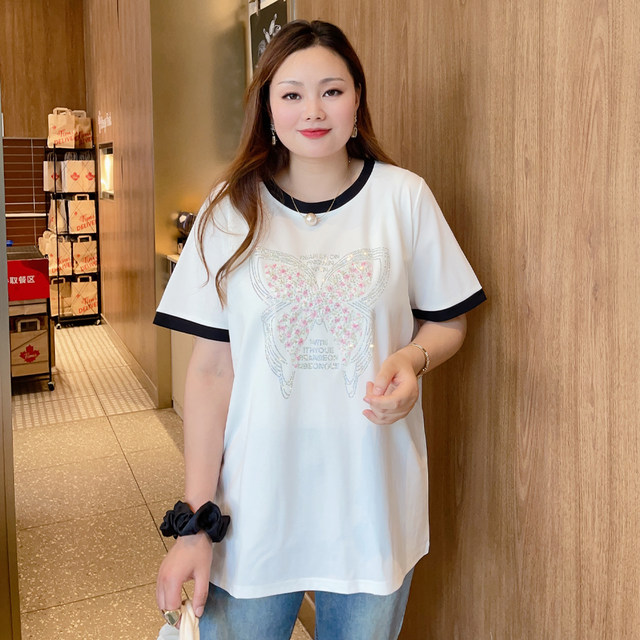 Tianmi ເຄື່ອງນຸ່ງຜູ້ຍິງຂະຫນາດໃຫຍ່ພິເສດ 2023 Summer Clothes Fat mm 320 Jin Fashionable Western Style Butterfly Perm Loose T-shirt DF