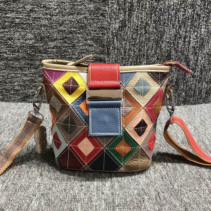 Bunter Eimerbeutel Aus Rindsleder Damen Schultertasche_voghion.com