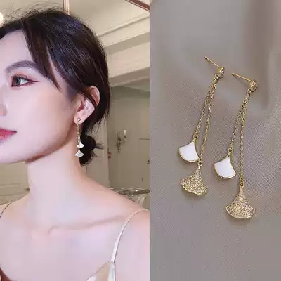 Korea Net red 2021 new senior sense earrings female temperament long version of tassel earrings 2020 fan earrings tide