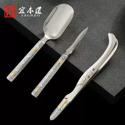 Damascus Pu'er tea knife three-piece set Tea spoon teaspoon tea shovel Tea ceremony accessories Tea cup clip tweezers Household
