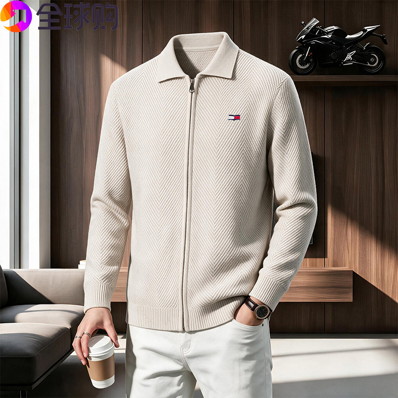 American Big-Name Brand Genuine Tomny Tommy 100% Pure Cashmere Cardigan Men's Autum Wool Sweater Casual Sweater Jacket
