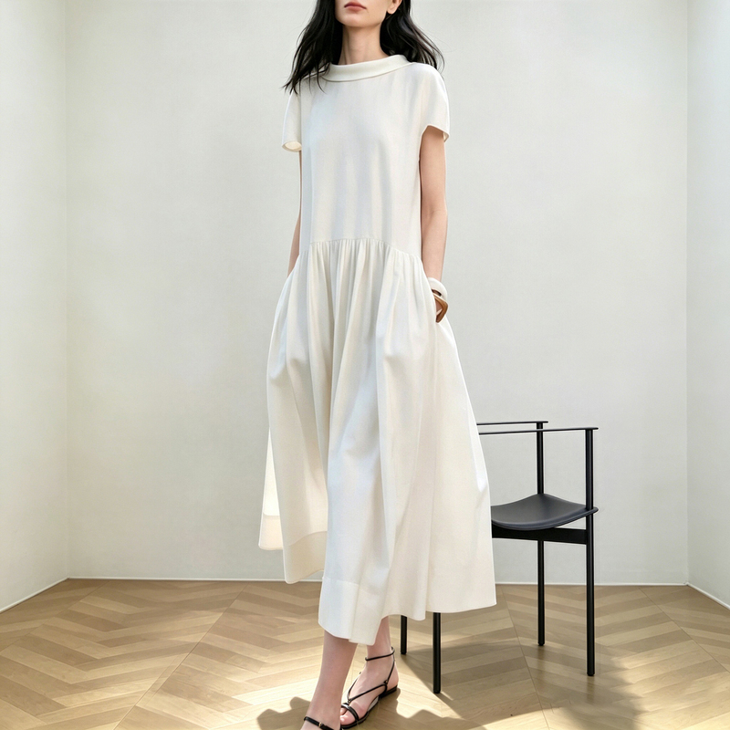 Music Eyes French White Dress Women's Summer Loose and Relaxed Lace-Up Waist-Cinching A-Line Long Skirt