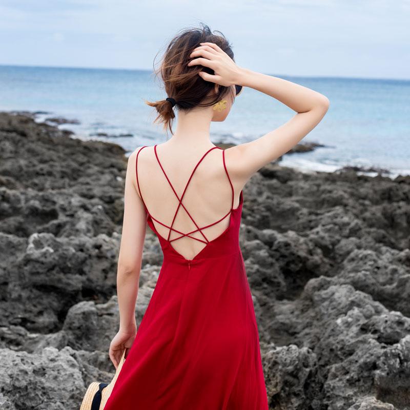 Red Backless Suspender Dress with Chest Pads for Women, Stunning Outfit in Sanya, Sexy Beach Vacation Dress with a High-End Feel Red Backless Suspender Dress with Chest Pads for Women, Stunning Outfit in Sanya, Sexy Beach Vacation Dress with a High-End Feel