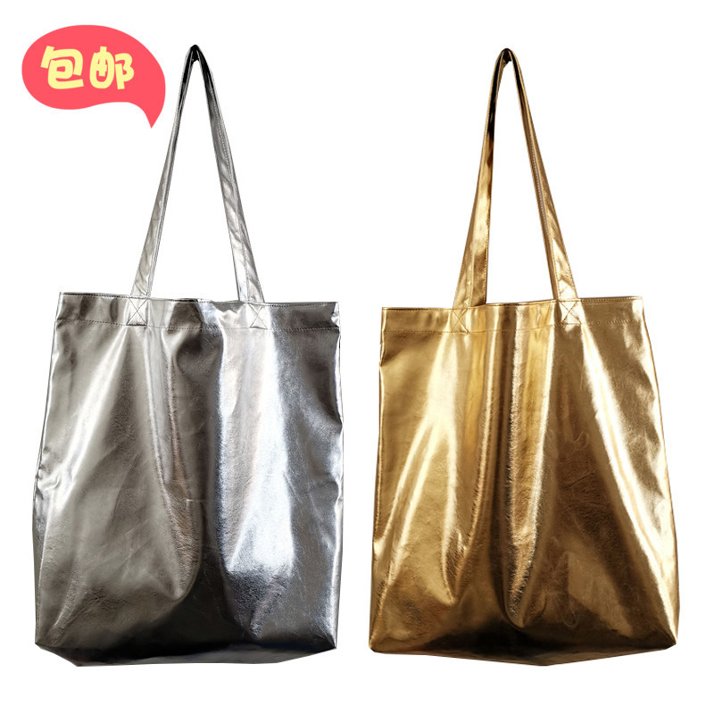 Original LAOSHU Gold and Silver Pu Faux Leather Shoulder Tote Bag Handbag Artistic Eco-Friendly Shopping Bag