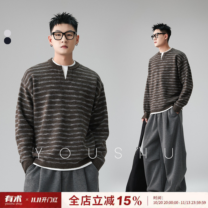 Trendy Two-Piece Style Color-Block Striped Crew Neck Loose Sweater for Men, 2026 Autumn New Style, Old Money Lazy Style Knitwear Trendy Two-Piece Style Color-Block Striped Crew Neck Loose Sweater for Men, 2026 Autumn New Style, Old Money Lazy Style Knitwear